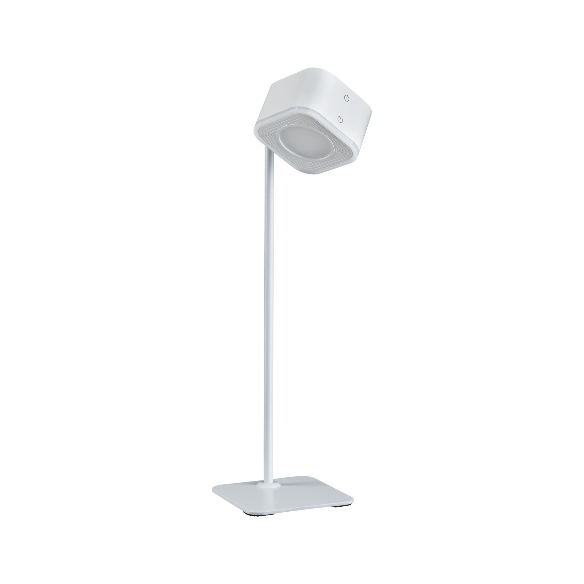 Lampe de bureau LED blanche moderne avec tête carrée et base stable pour éclairage intérieur