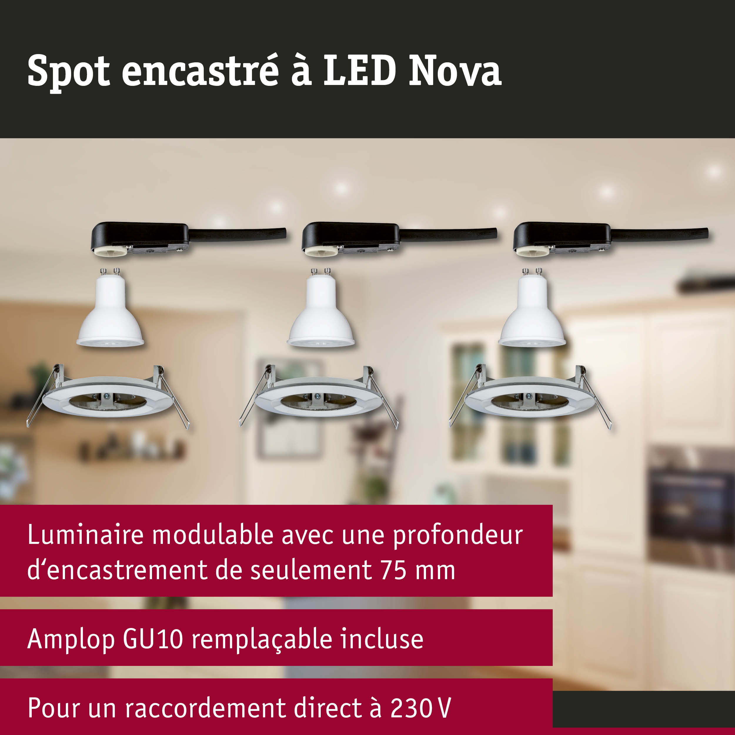 Spot encastré LED Nova modulaire avec douille GU10 blanche et câble d'alimentation noir