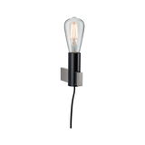 Modern black metal wall light with visible bulb and stainless steel bracket for interior lighting