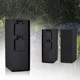 Schwarze Outdoor-Steckdosenbox aus Metall mit zwei Schutzklappen für Garten und Terrasse