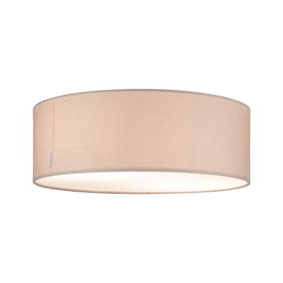 Round ceiling light with beige fabric shade and diffused lighting for living spaces.
