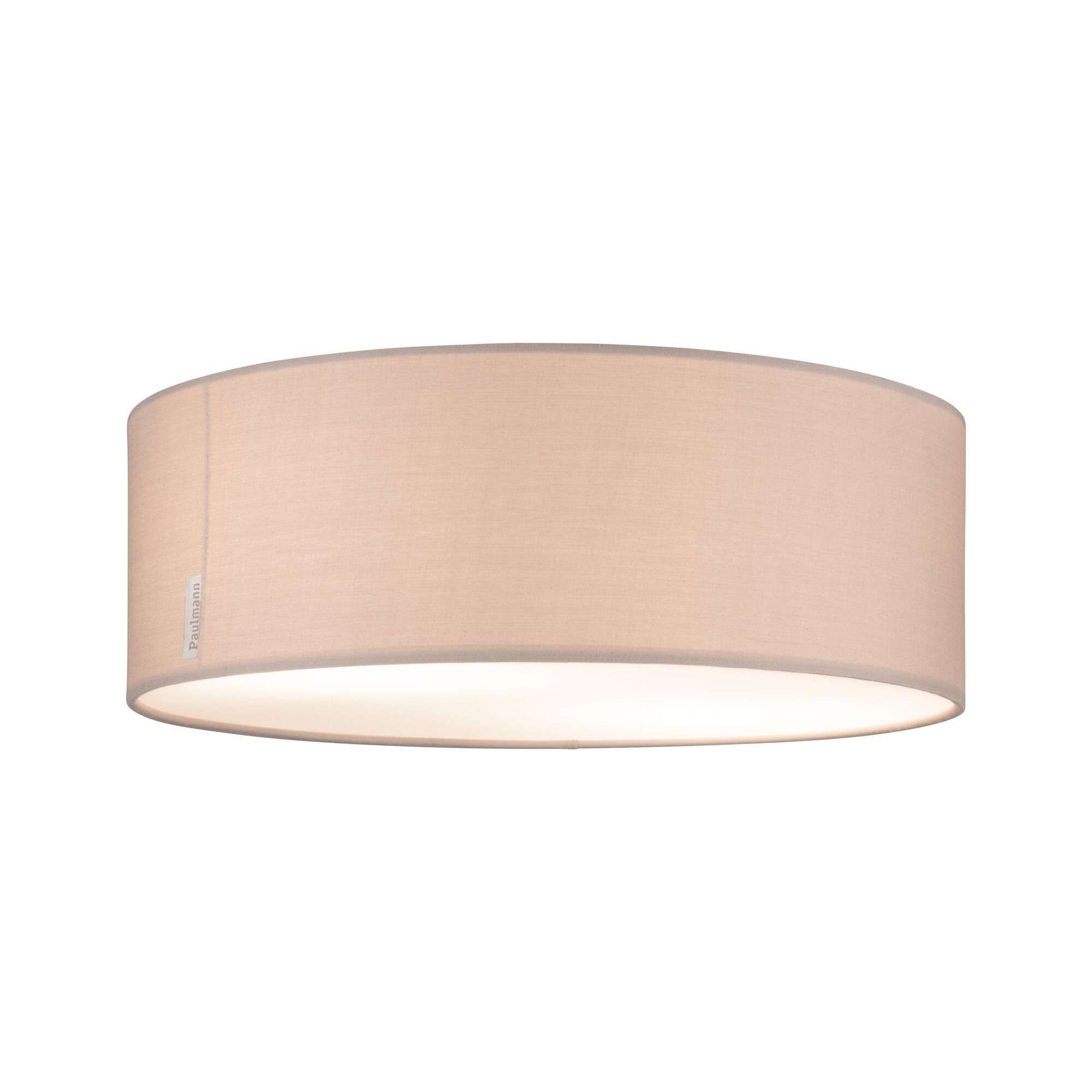 Plafonnier rond avec abat-jour en tissu beige diffusant une lumière douce pour les pièces à vivre.