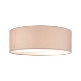 Round ceiling light with beige fabric shade and warm white light for living spaces