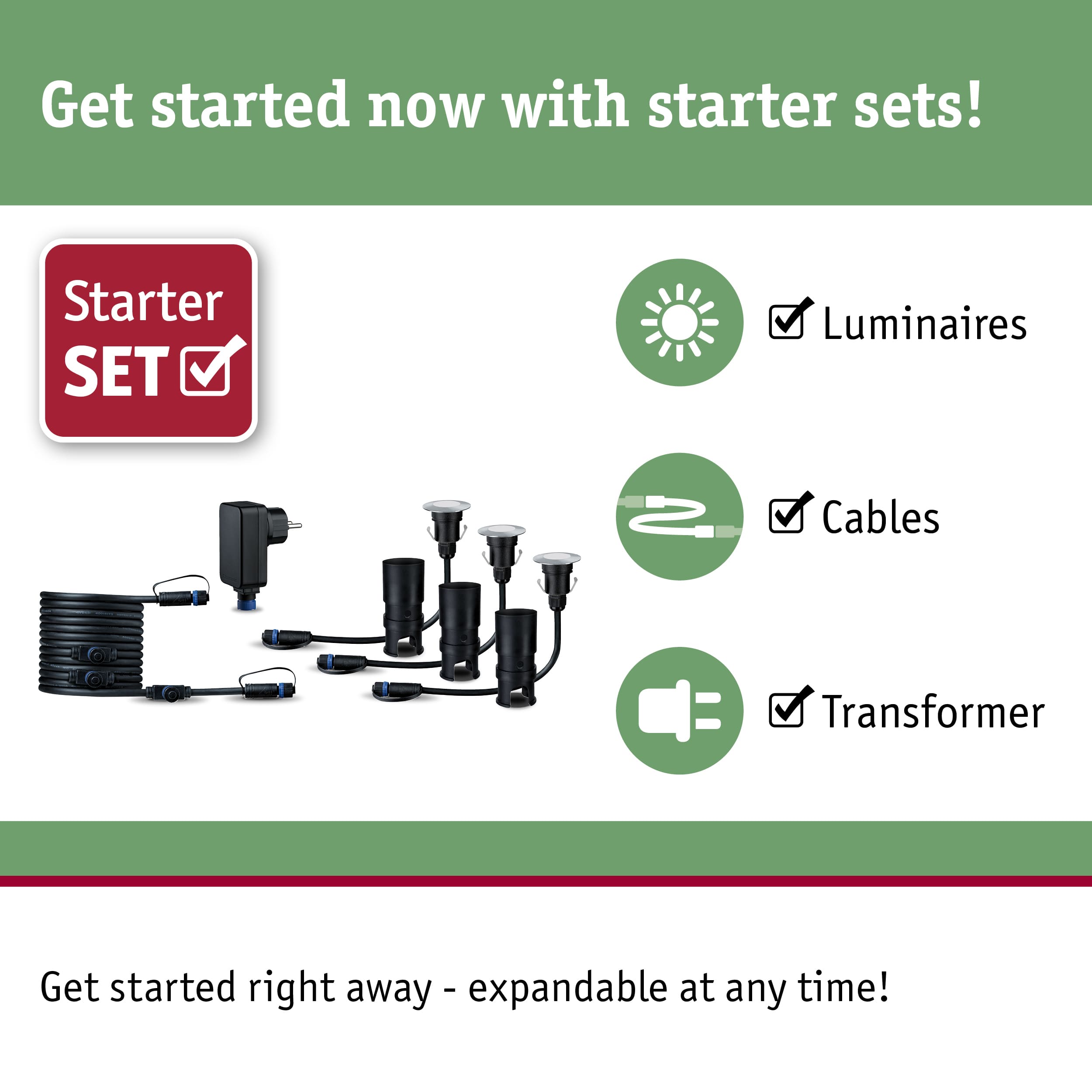 Starter set with black LED spotlights, cables, and transformer for garden lighting setup
