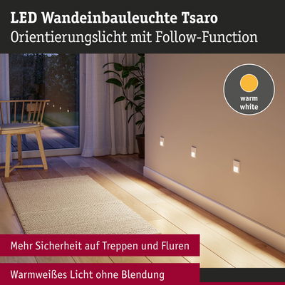 LED Wandeinbauleuchte Tsaro mit warmweißem Licht für mehr Sicherheit auf Treppen und Fluren