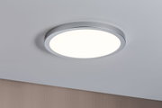 Round LED ceiling light with silver aluminium frame and warm white light for modern interiors