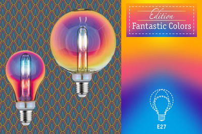 Colorful E27 LED bulbs with gradient glass in orange, pink, and blue for decorative lighting.