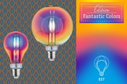 Kleurrijke E27 LED-lampen met verloopglas in oranje, roze en blauw voor decoratieve verlichting.