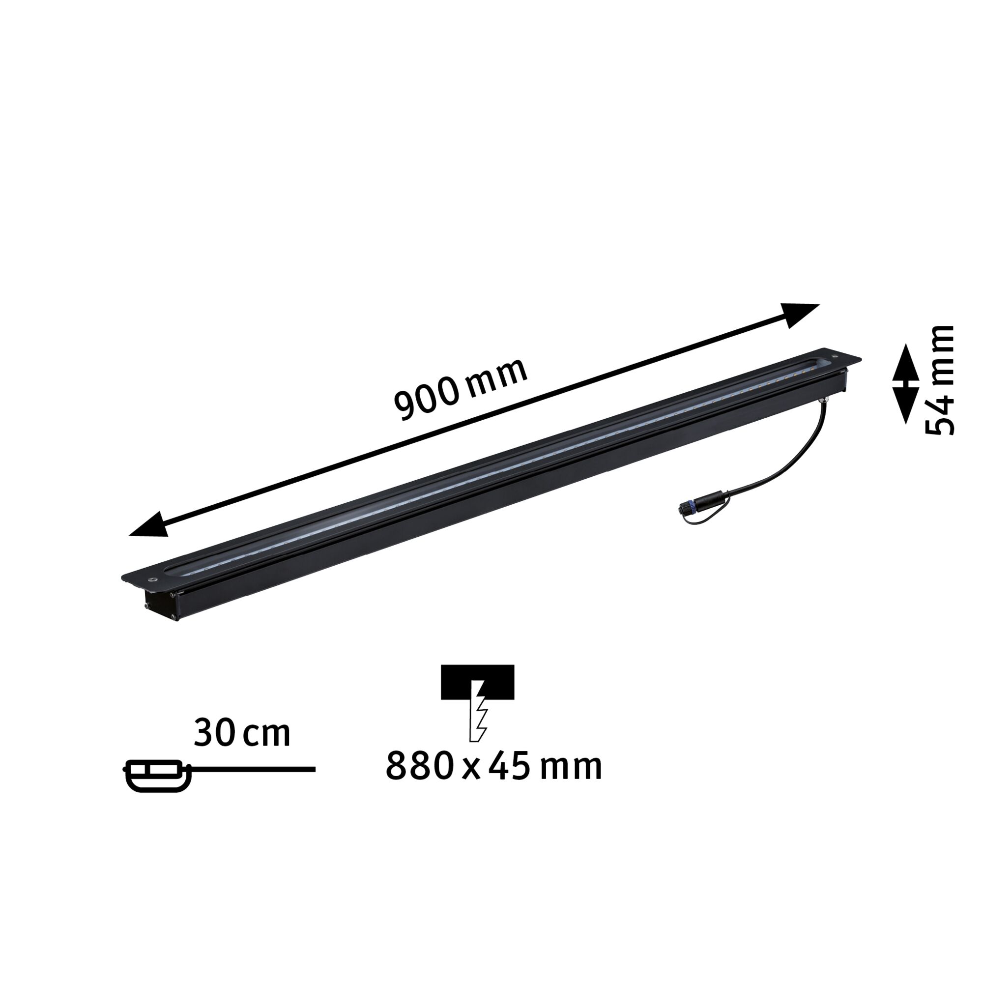 Schwarze LED-Einbauleuchte aus Metall mit 900 mm Länge und 54 mm Höhe für moderne Innenbeleuchtung