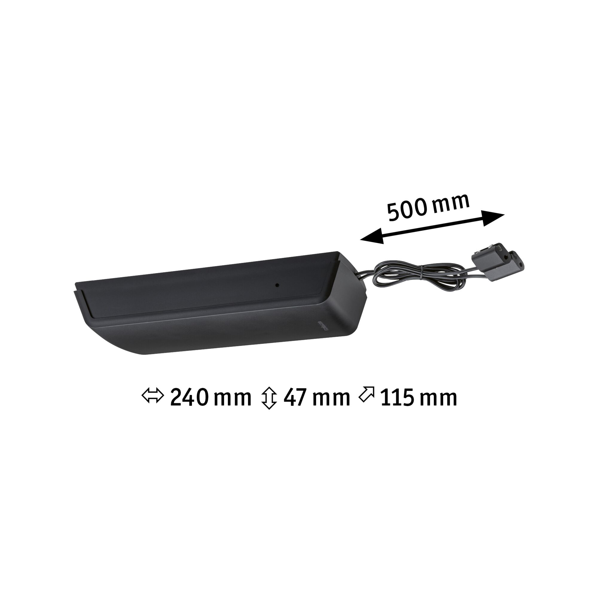 Profilé lumineux LED noir avec câble, dimensions 240x47x115 mm, design moderne pour éclairage intérieur