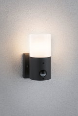 Moderne Außenwandleuchte aus schwarzem Metall mit weißem Glas und Bewegungsmelder für Eingangsbereiche