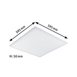 Square white LED ceiling light made of plastic, 595x595 mm, flat recessed panel light