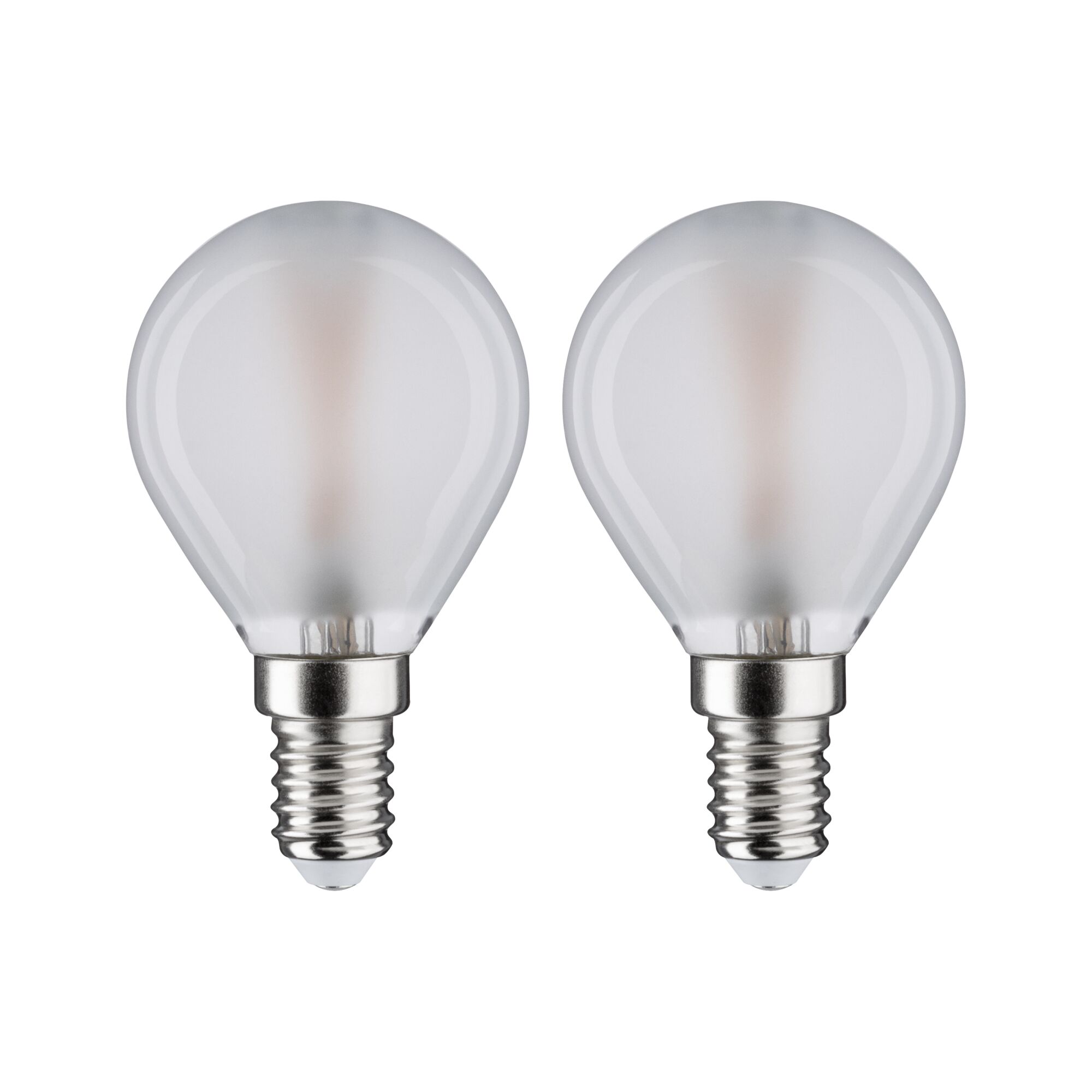 Zwei matte LED-Leuchtmittel mit E14-Fassung und rundem Glas in Weiß für energiesparende Beleuchtung