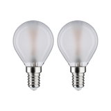 Zwei matte LED-Leuchtmittel mit E14-Fassung und rundem Glas in Weiß für energiesparende Beleuchtung