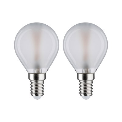 Two frosted LED bulbs with E14 base and round white glass for energy-efficient lighting