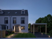 Modernes Haus mit grauer Fassade und LED-Außenbeleuchtung an Eingangsbereich und Carport im Garten
