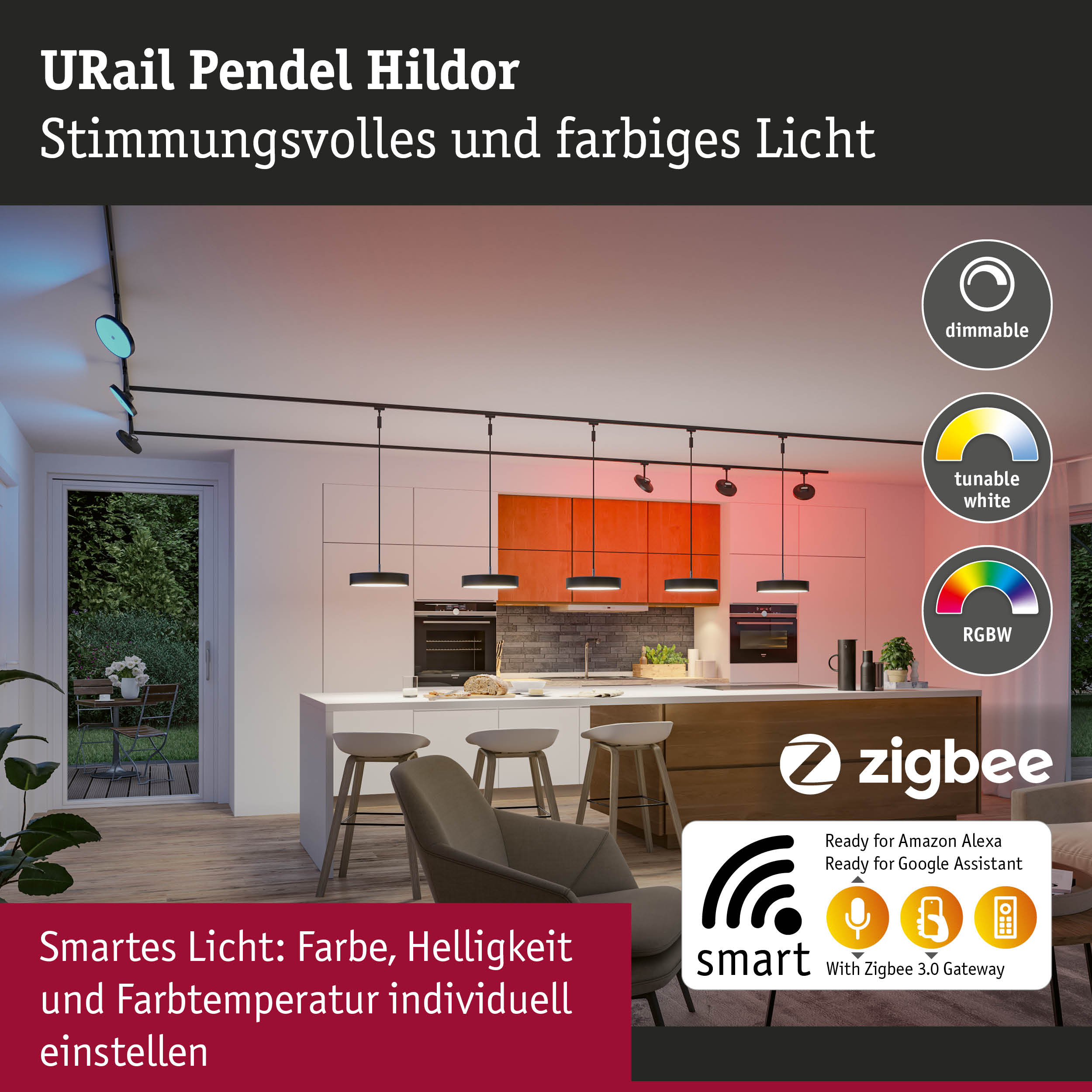 URail Pendel Hildor schwarze Schienenleuchte mit dimmbaren, farblich einstellbaren LED-Spots für smarte Beleuchtung