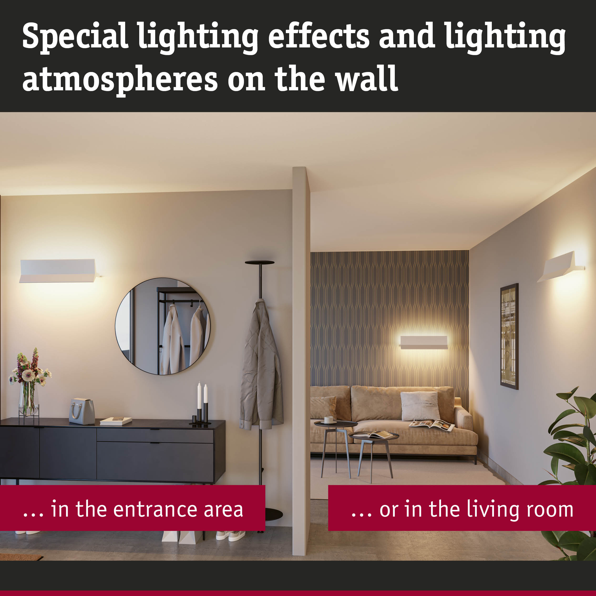 Modern white wall lights in entrance and living room creating atmospheric lighting effects.