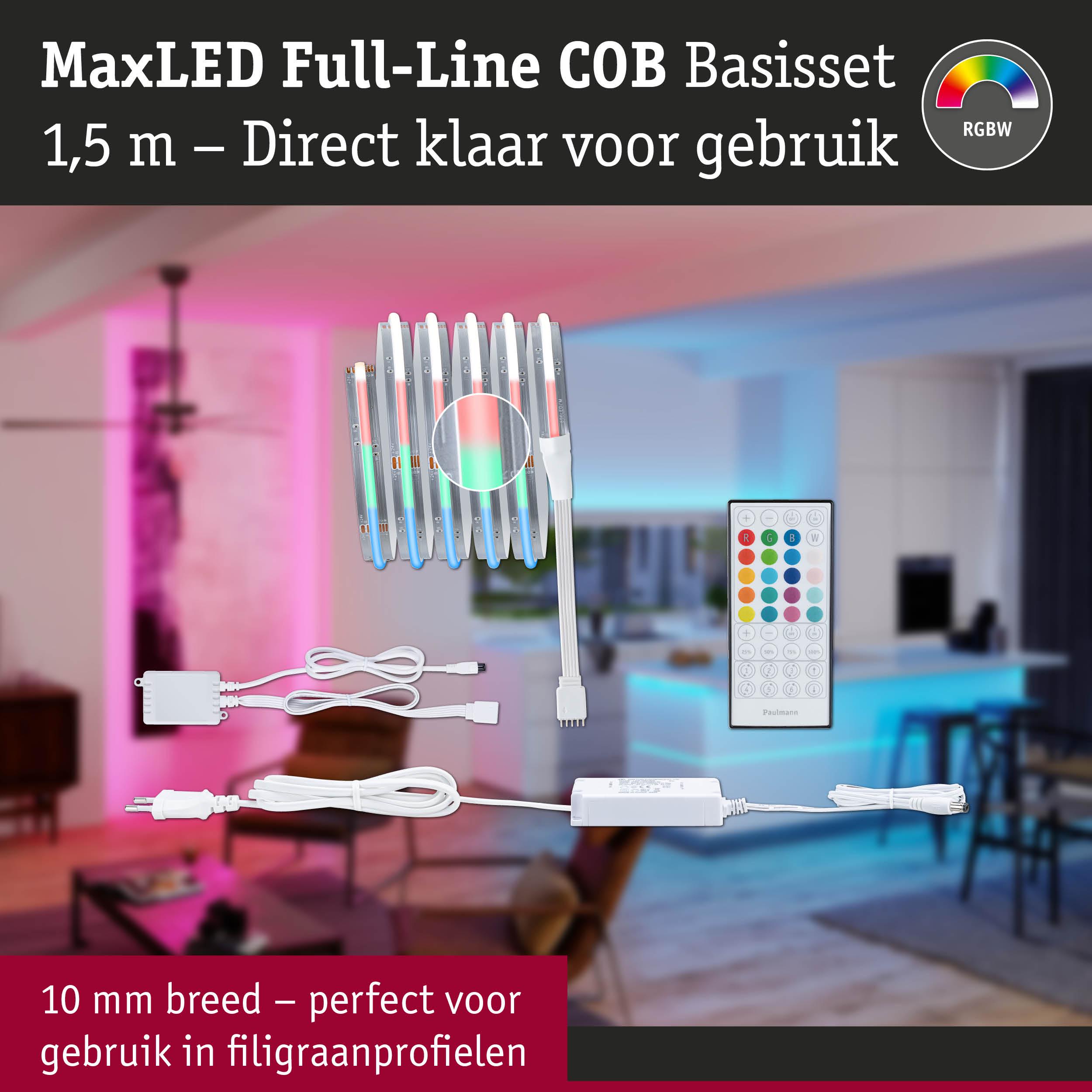 MaxLED Full-Line COB 1,5 m RGBW LED-stripset met afstandsbediening en voeding voor smalle profielen