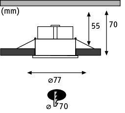 Technical drawing of recessed spotlight with 77 mm diameter and 70 mm cutout size