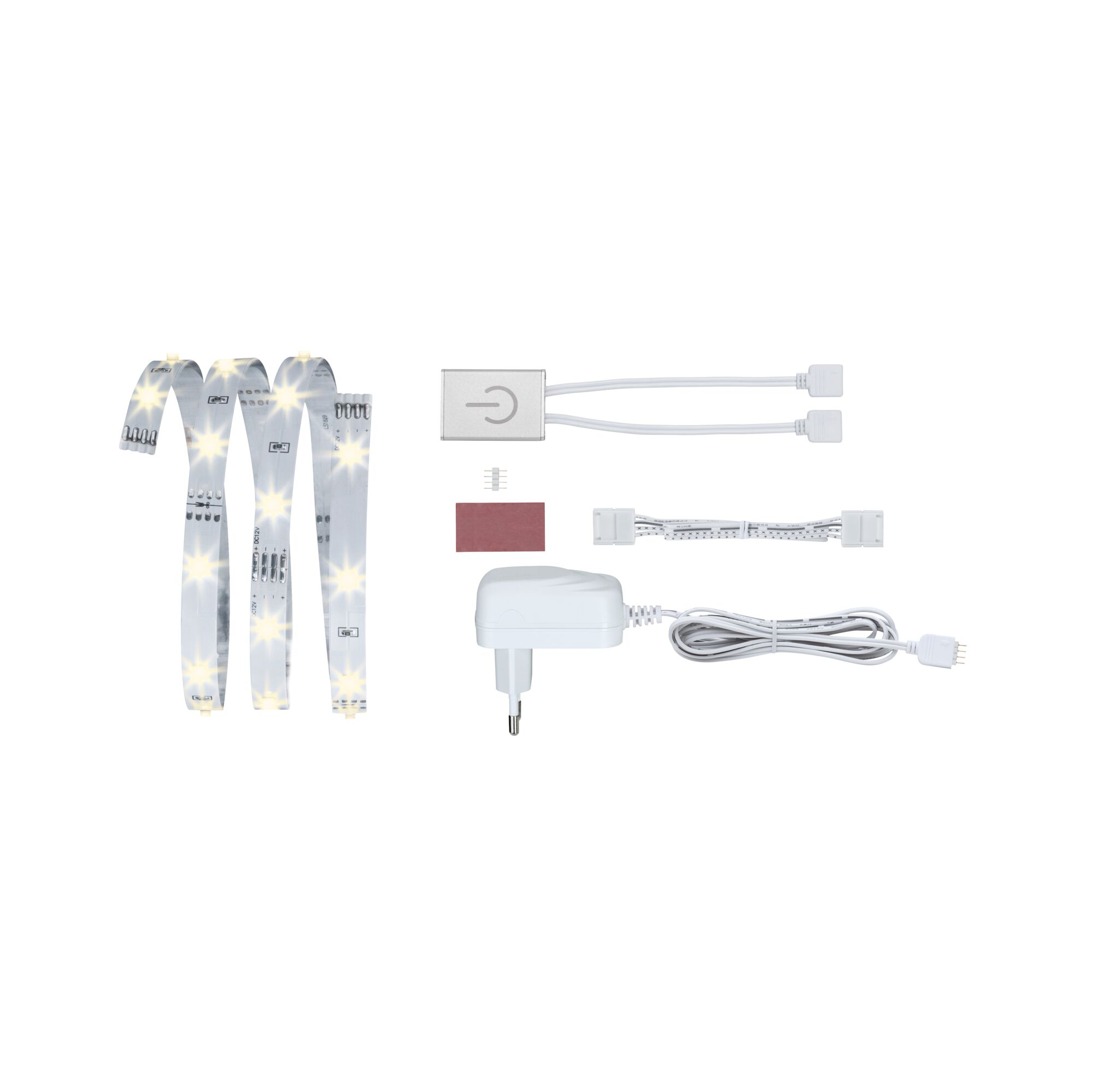 LED strip with white controller, power adapter and cables for flexible lighting setup