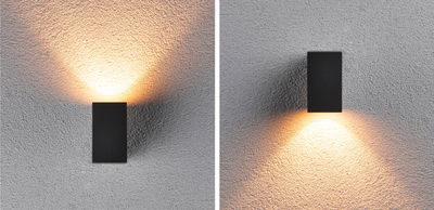 Black rectangular metal wall light with warm white up and down lighting for modern indoor illumination