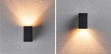 Black rectangular metal wall light with warm white up and down lighting for modern indoor illumination