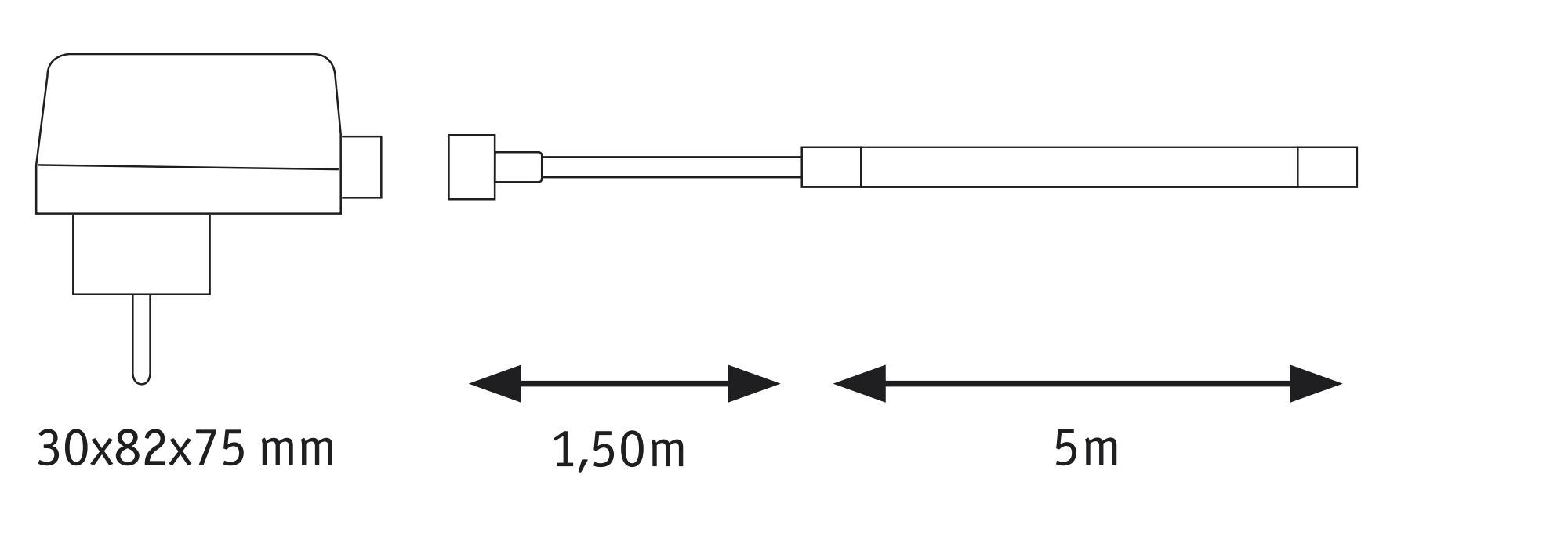 Technische tekening met afmetingen 50x105x7/35mm en kabels van 1,5m en 5m voor LED-verlichting