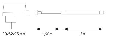 Technische tekening met afmetingen 50x105x7/35mm en kabels van 1,5m en 5m voor LED-verlichting