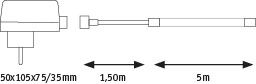 Technical drawing of white LED wall light with 1.5 m cable and 5 m power cord dimensions