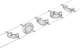 Modern cable lighting system with four round silver aluminum LED spotlights for flexible illumination