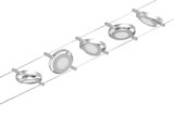 Modern kabelverlichtingssysteem met vier ronde zilverkleurige aluminium LED-spotlights voor flexibele verlichting