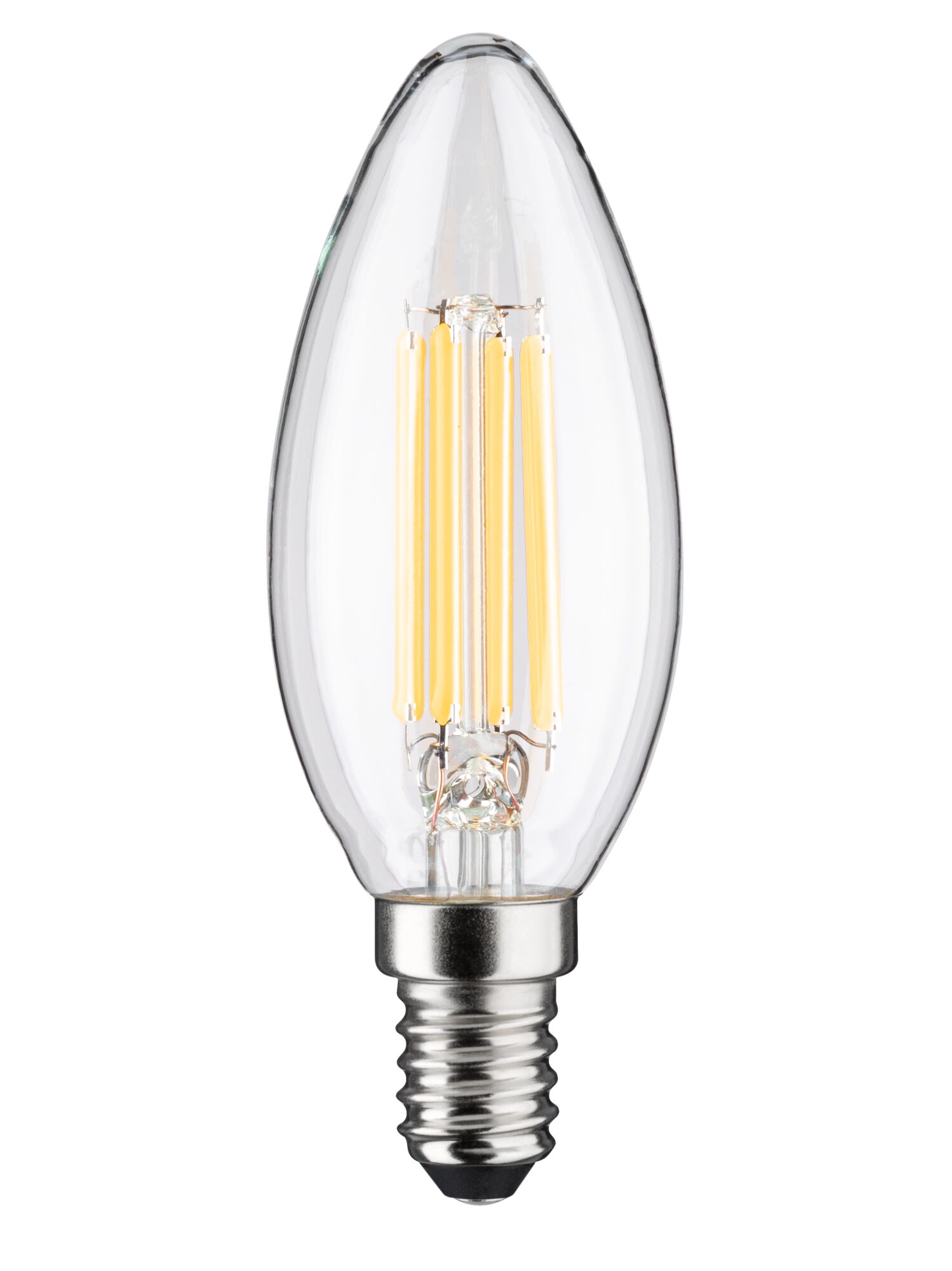 Clear LED candle bulb with E14 base and warm white light for decorative lighting solutions