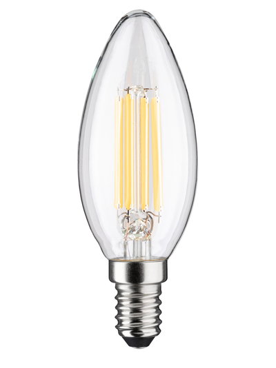 Clear LED candle bulb with E14 base and warm white light for decorative lighting solutions