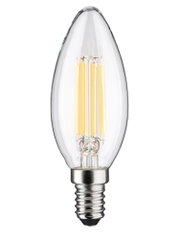 Klarer LED-Leuchtmittel in Kerzenform mit E14-Fassung und warmweißem Licht für dekorative Beleuchtung