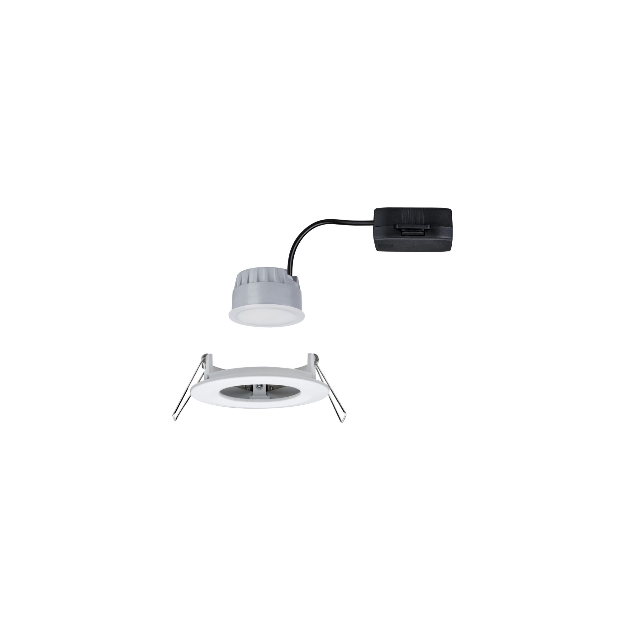 White LED recessed spotlight with metal frame and black connector cable for modern indoor lighting