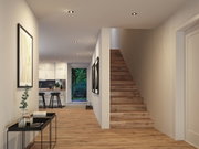 Couloir moderne avec escalier en bois et spots encastrés au plafond sur murs blancs pour éclairage intérieur