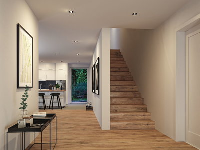 Modern hallway with wooden stairs and recessed ceiling lights in white walls for home lighting