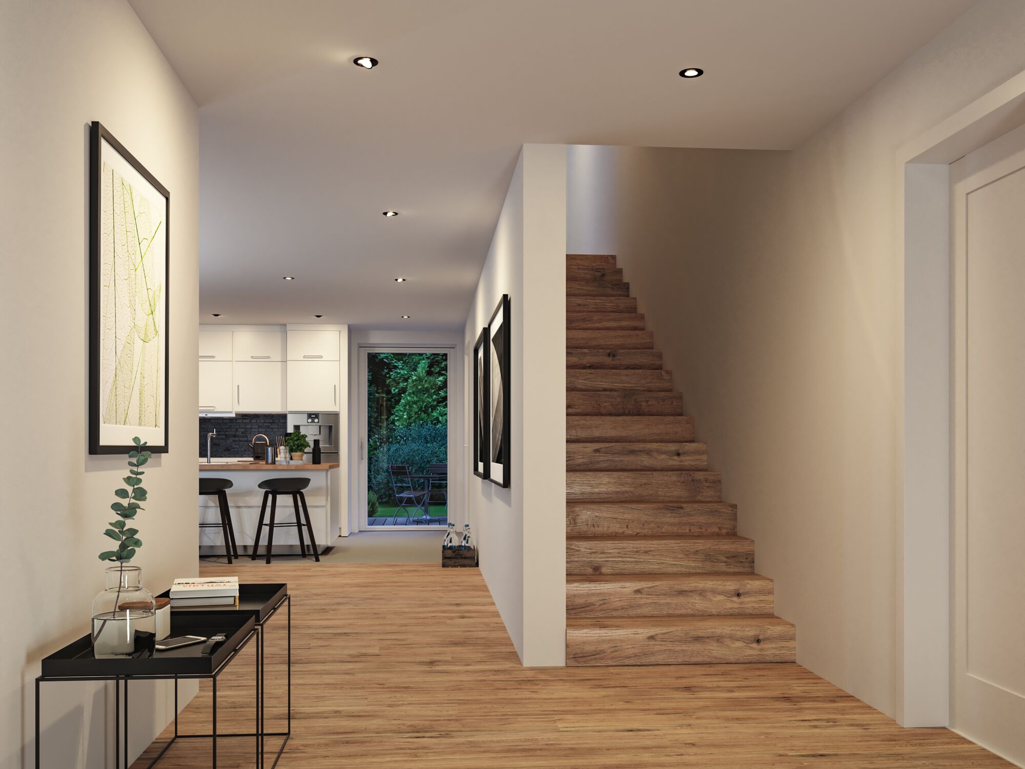 Couloir moderne avec escalier en bois et spots encastrés au plafond sur murs blancs pour éclairage intérieur