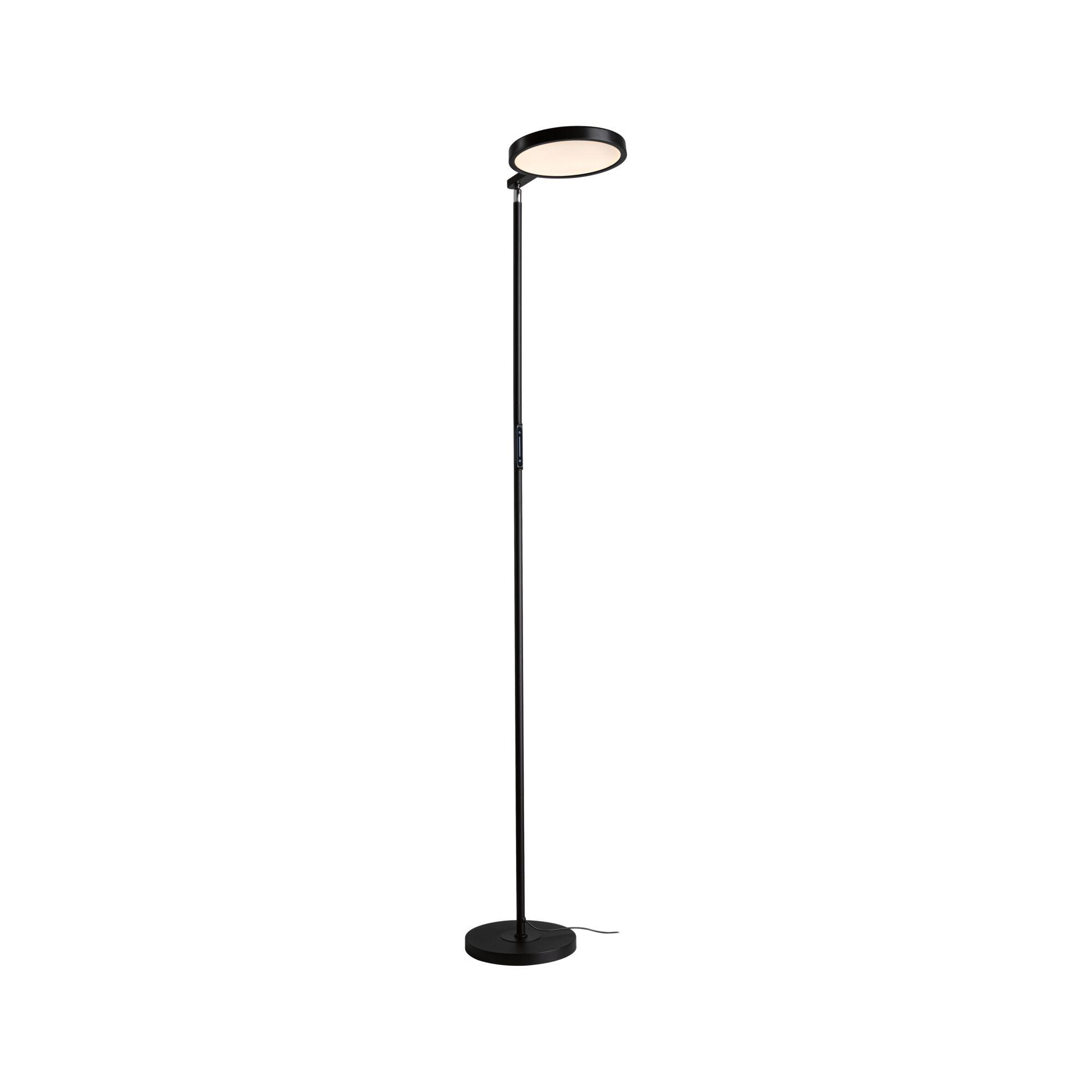 Schwarze Stehleuchte aus Metall mit rundem, weißem LED-Lichtschirm für modernes Wohnambiente