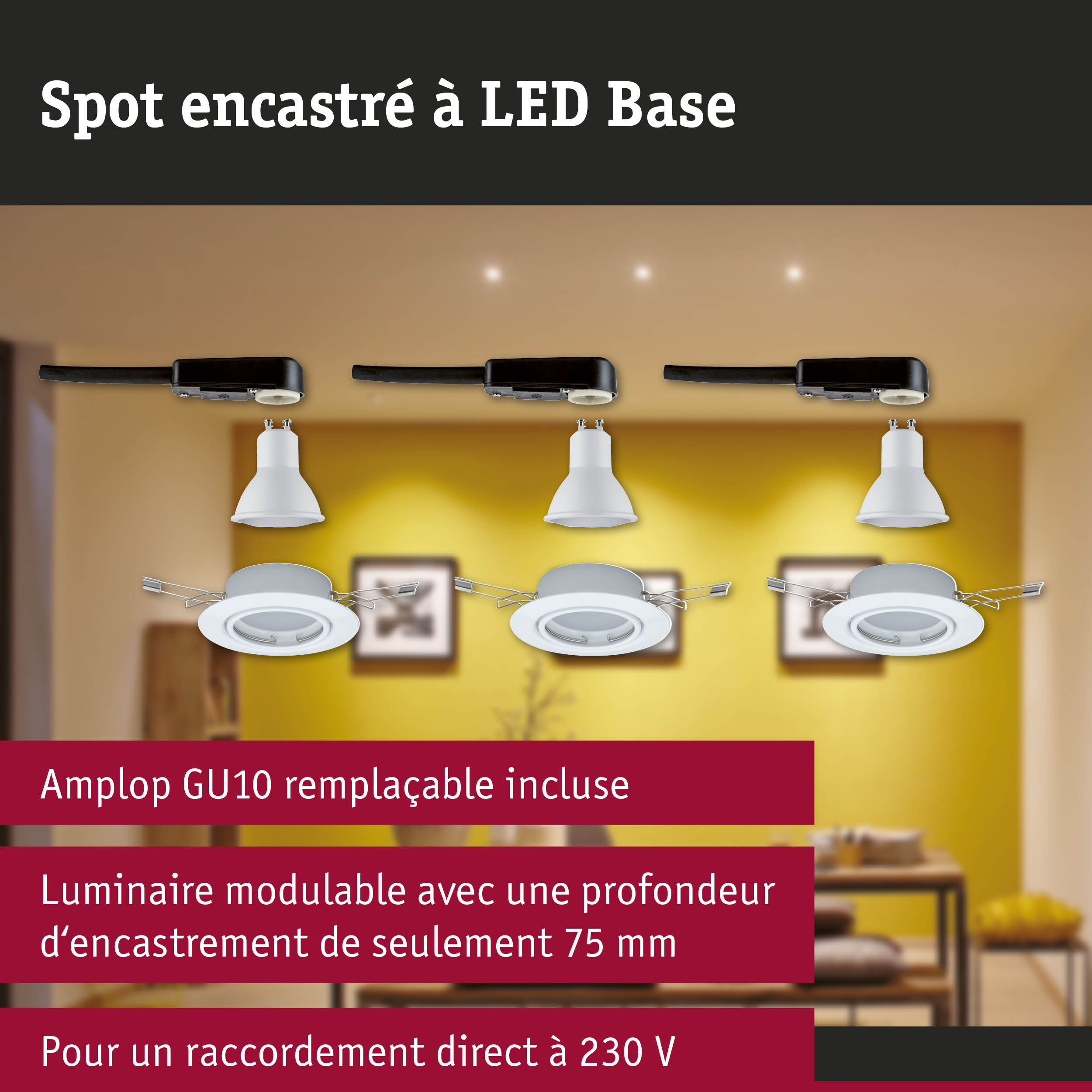 Spot encastré LED blanc avec douille GU10 et câble noir pour éclairage économique