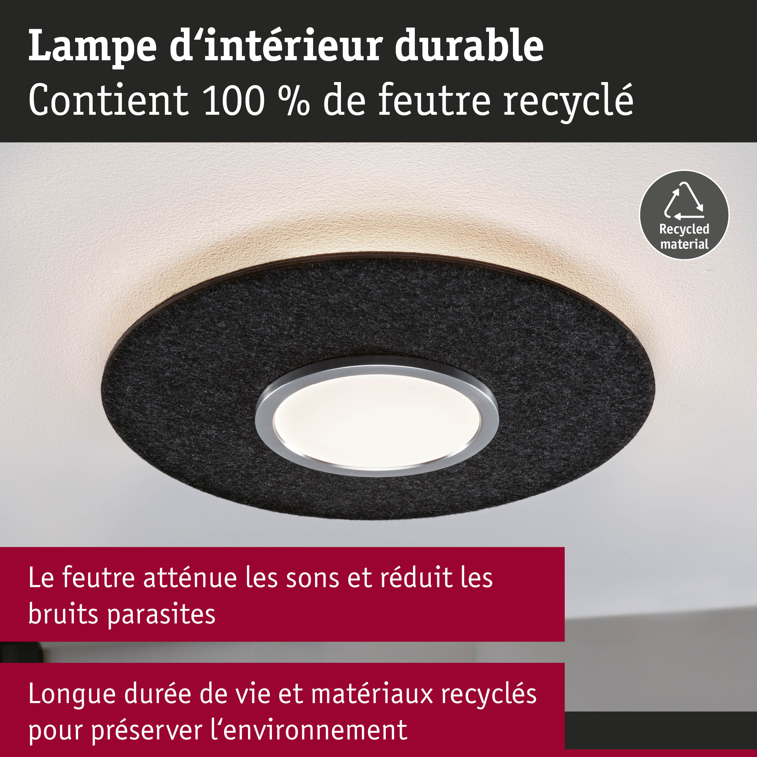 Lampe d’intérieur durable avec anneau en feutre noir 100 % recyclé, atténue les bruits parasites