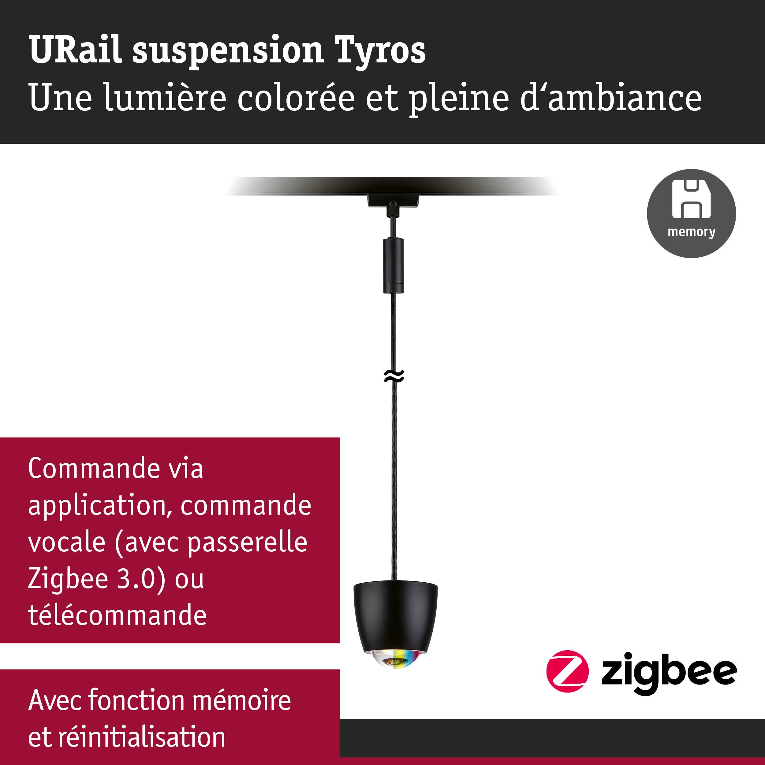 Suspension URail Tyros noire avec commande Zigbee et fonction mémoire pour lumière d'ambiance colorée