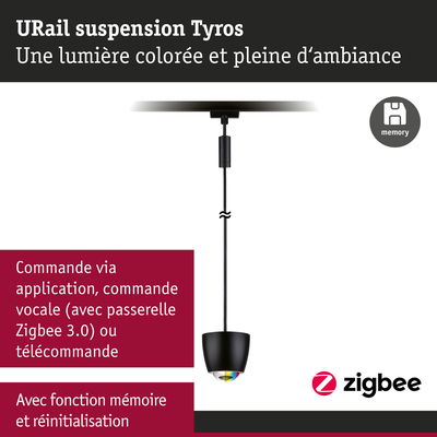 Suspension URail Tyros noire avec commande Zigbee et fonction mémoire pour lumière d'ambiance colorée