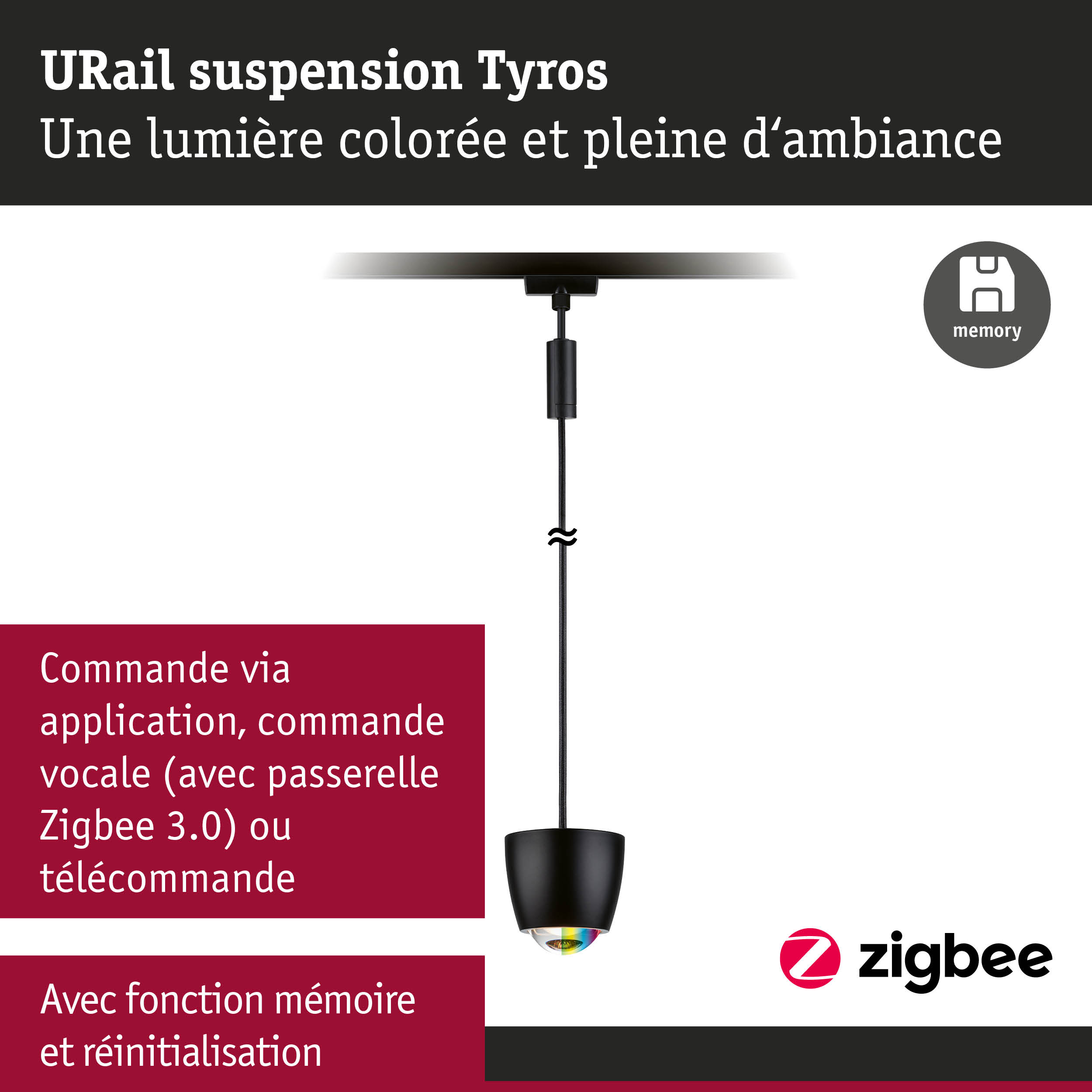 Suspension URail Tyros noire avec lumière colorée et commande Zigbee intégrée