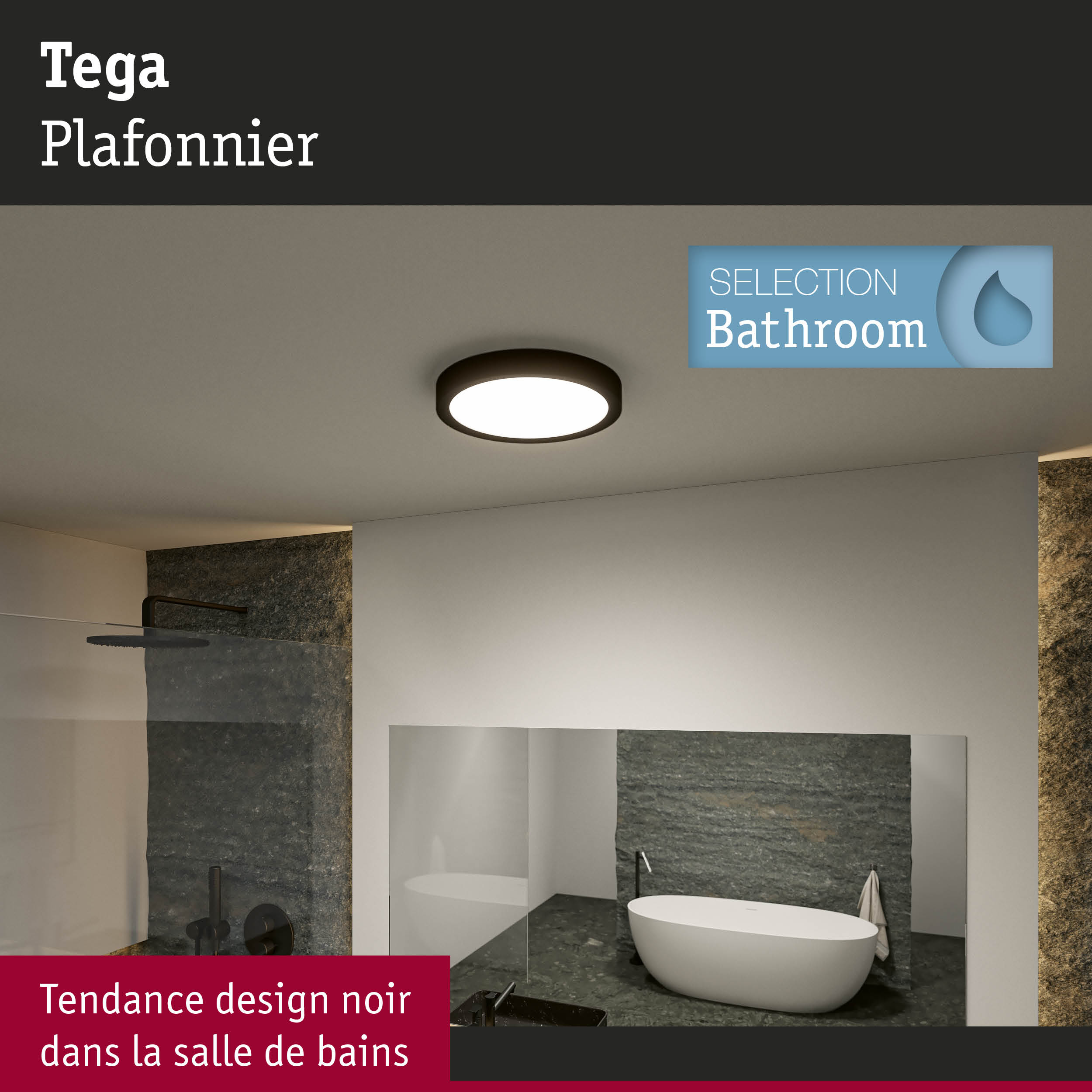 Plafonnier rond noir dans une salle de bain moderne avec baignoire îlot et carrelage foncé