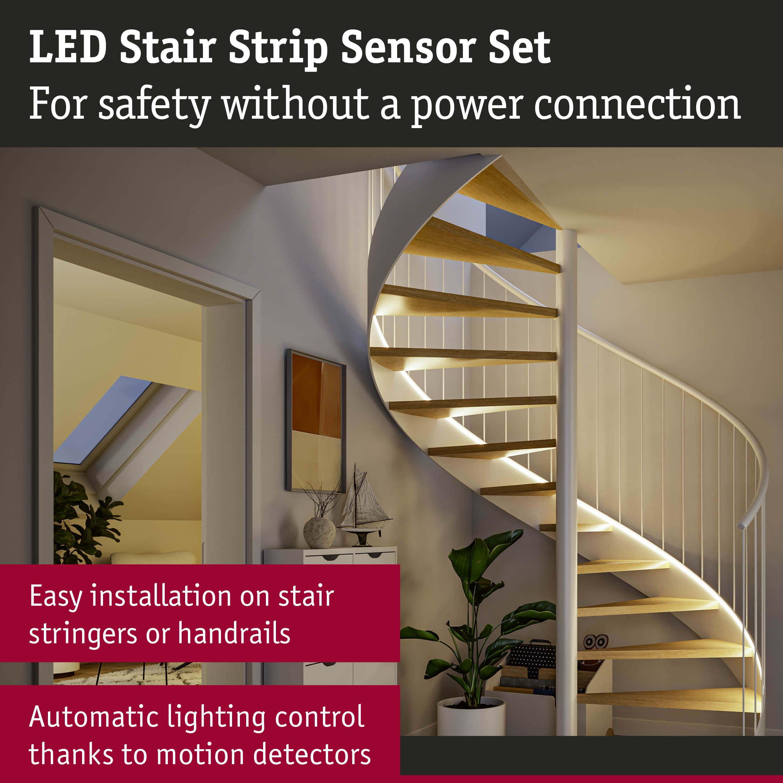 LED stair strip sensor set with motion detection for safe lighting without power connection