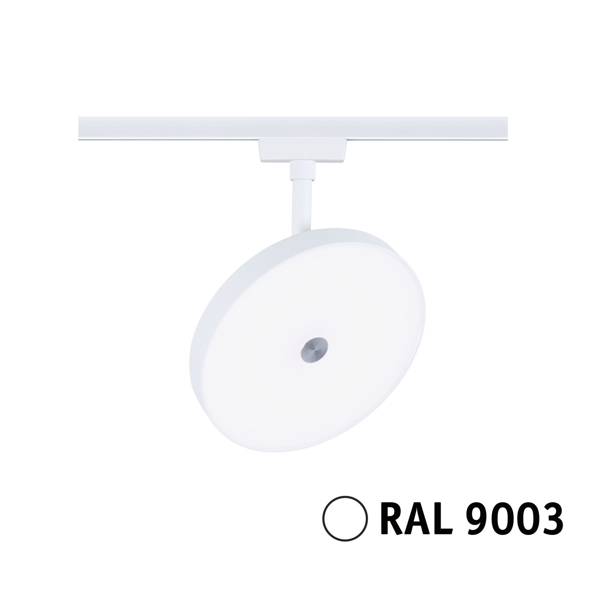 Round white LED spotlight with metal mount in RAL 9003 for modern track lighting systems