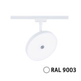 Round white LED spotlight with metal mount in RAL 9003 for modern track lighting systems