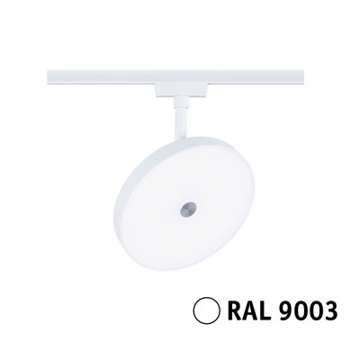 Round white LED spotlight with metal mount in RAL 9003 for modern track lighting systems
